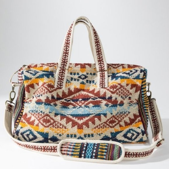 Handmade Boho Chic Weekender Bag woven Navajo cotton duffel shoulder carpet bag - Picture 8 of 15